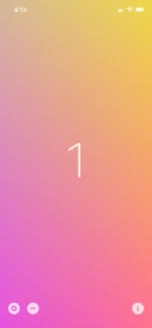 vivid counterの画面。カウントが1の時、画面の色は鮮やかな紫とオレンジのグラデーション。