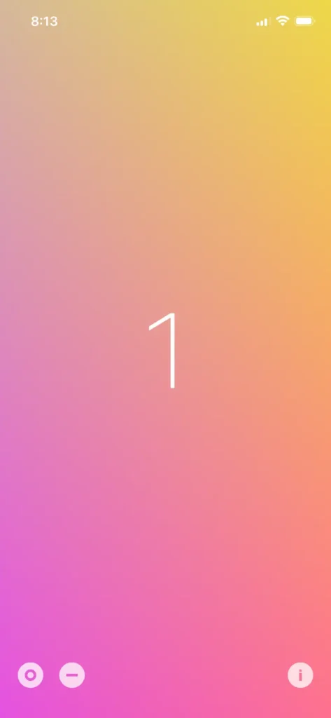 vivid counterの画面。カウントが1の時、画面の色は鮮やかな紫とオレンジのグラデーション。